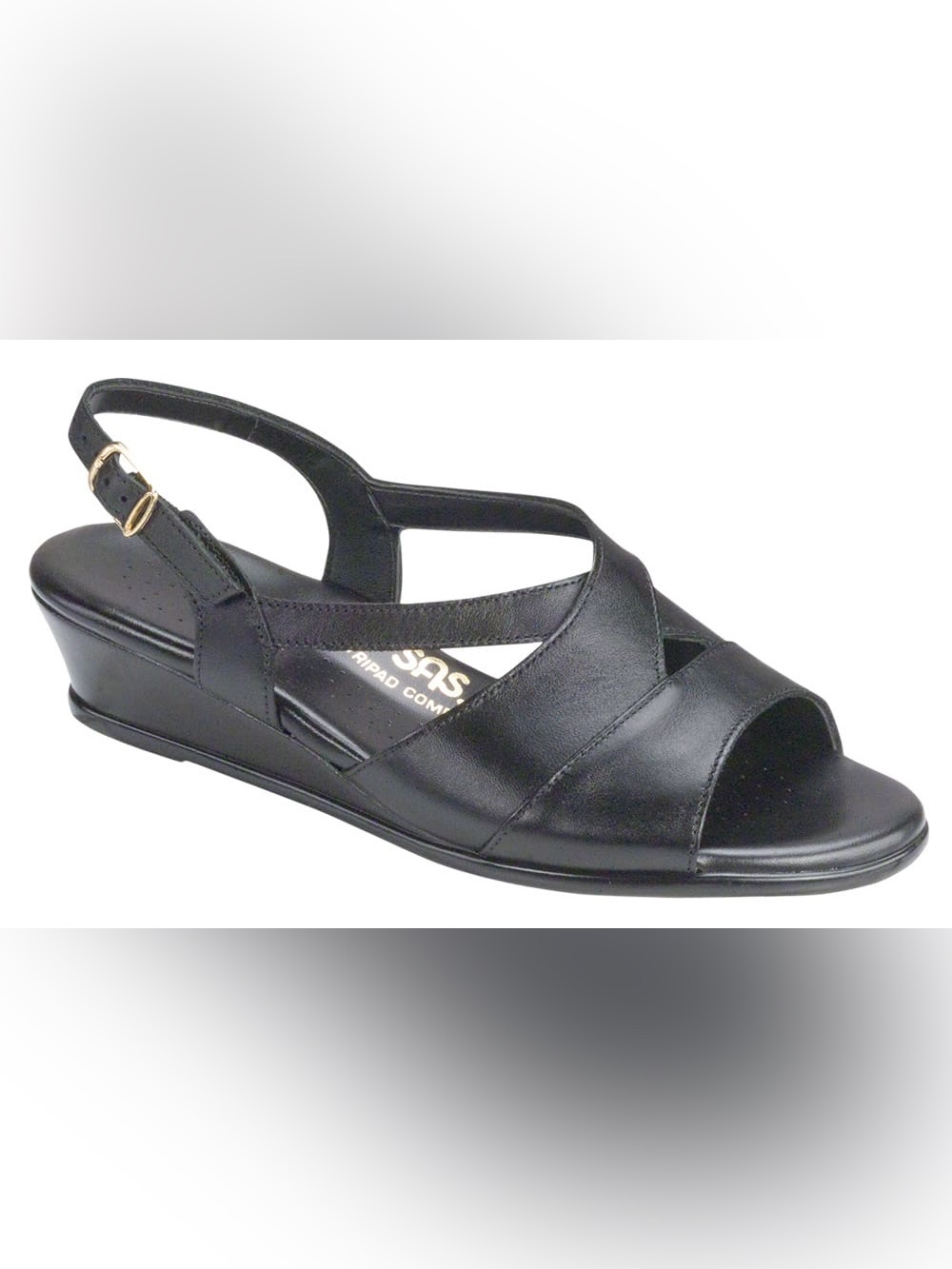 SAS Caress Black Cross Strap Wedge Buckle Strap Comfort Sandal Size 5.5